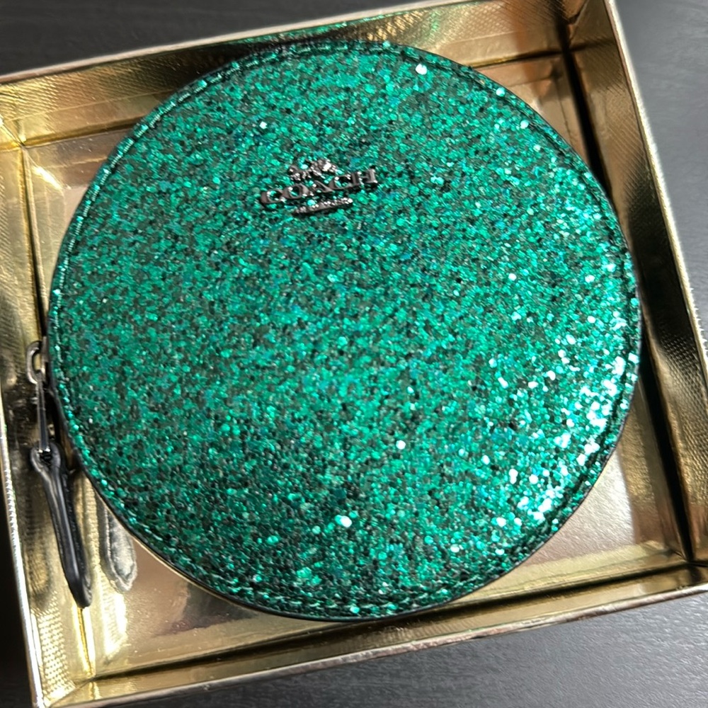 Coach Wizard of Oz glitter metallic round zip around coin purse wallet NWT